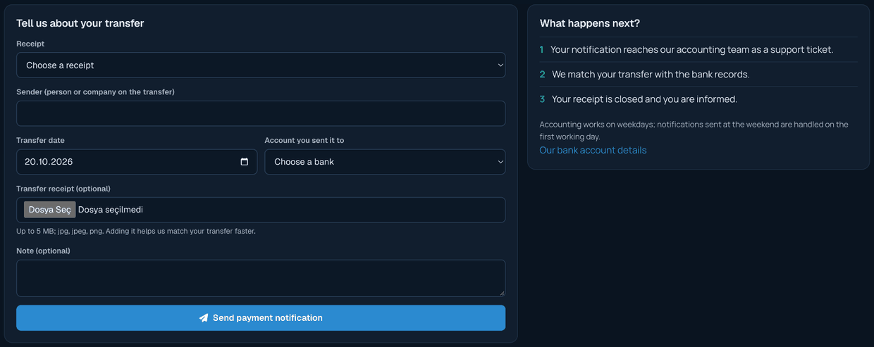 Bank transfer payment notification form