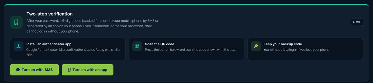 Security page: two-step verification