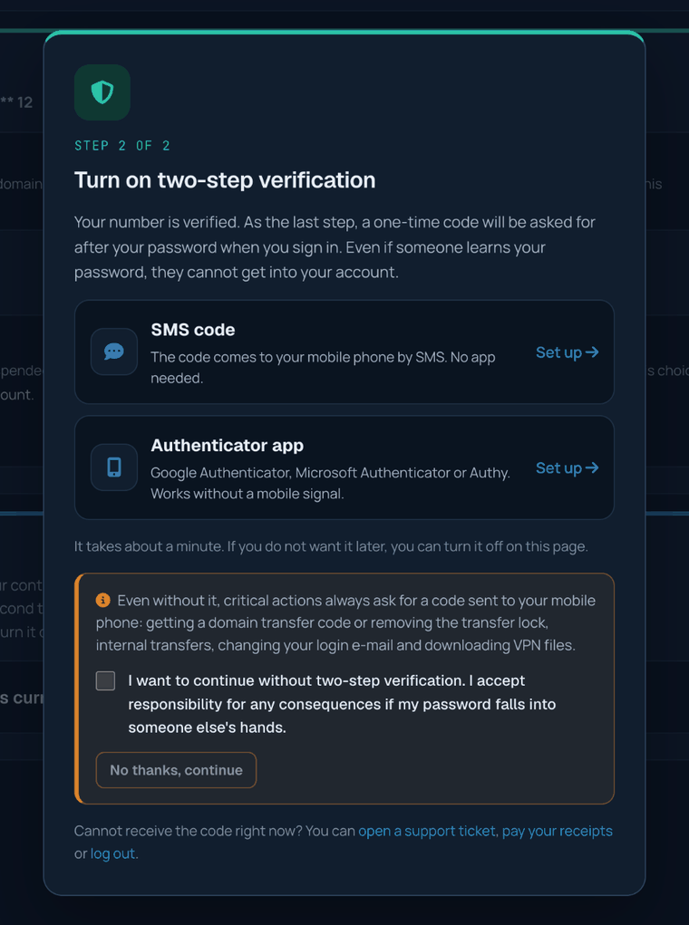 Verification at first sign-in, step 2: two-step verification