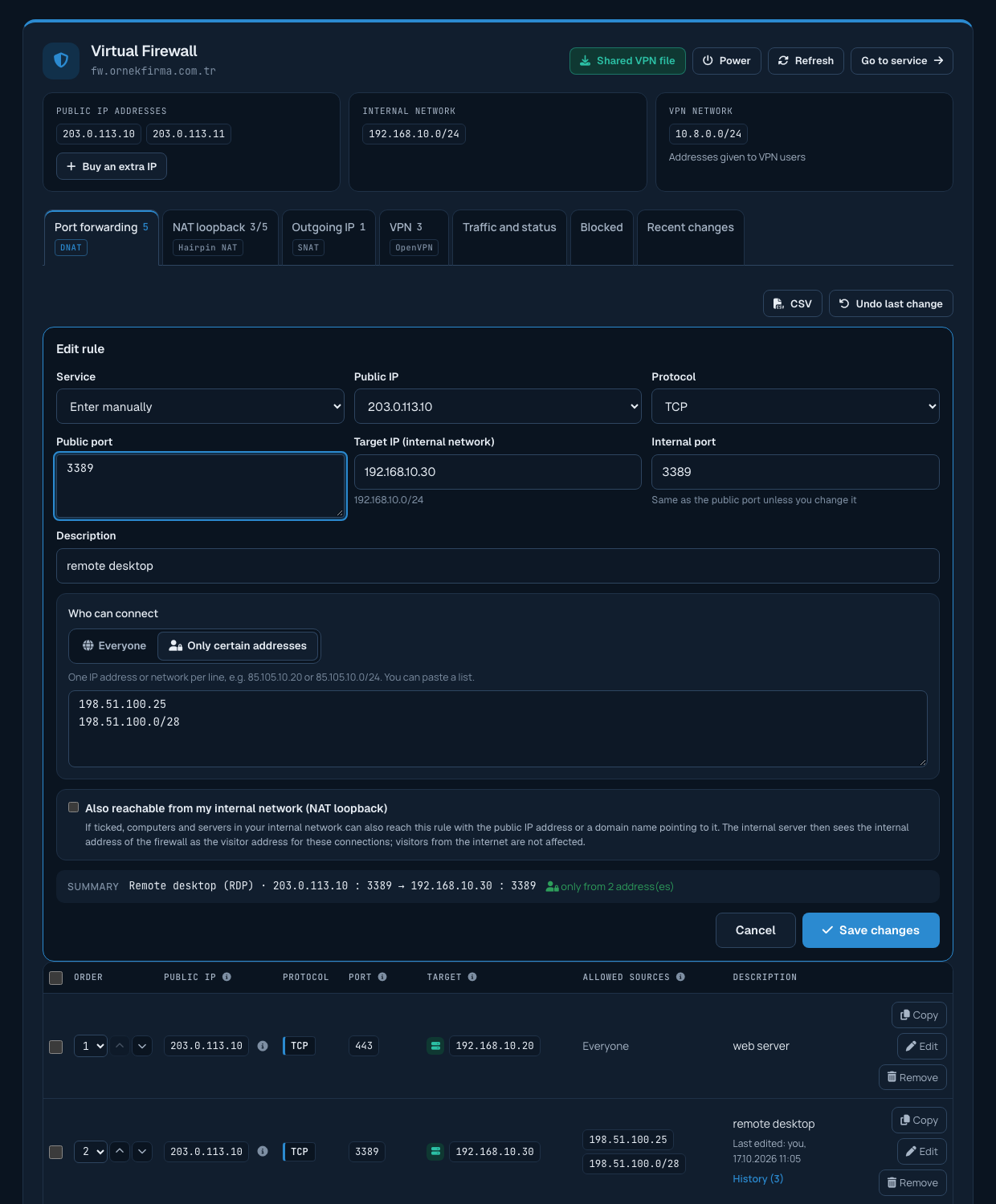 Rule edit form