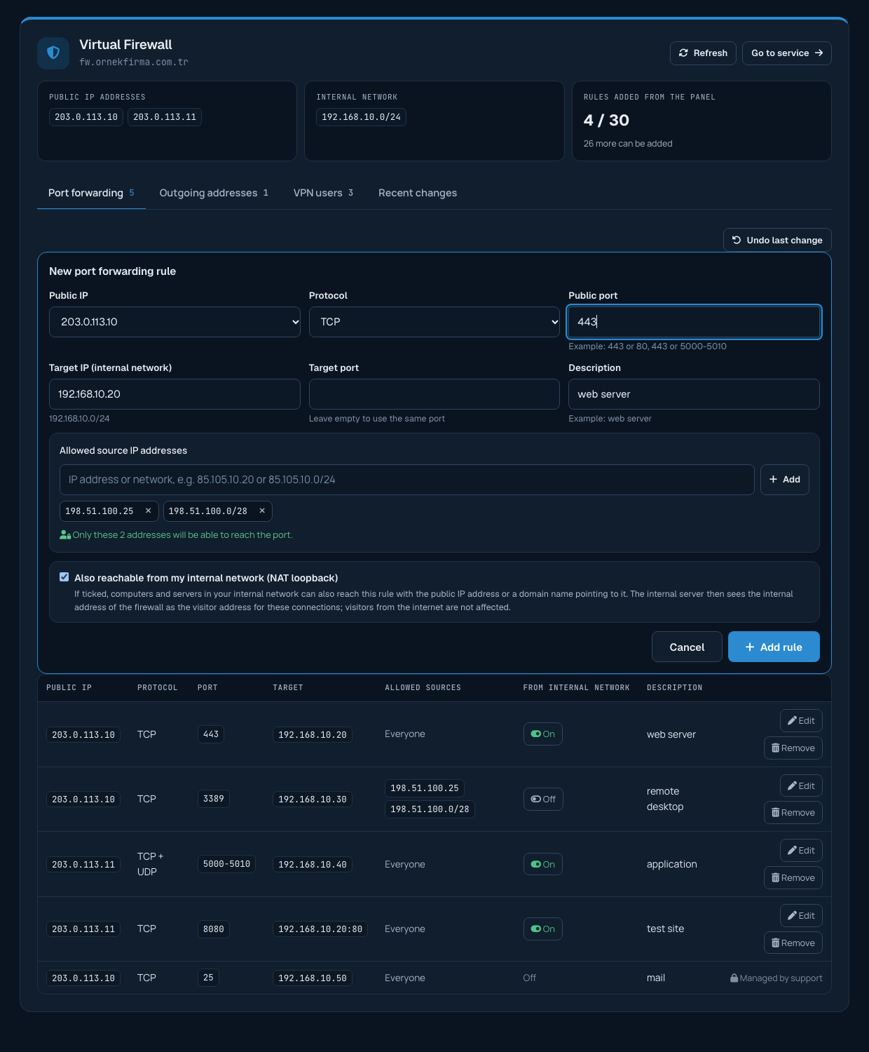 New port forwarding rule form