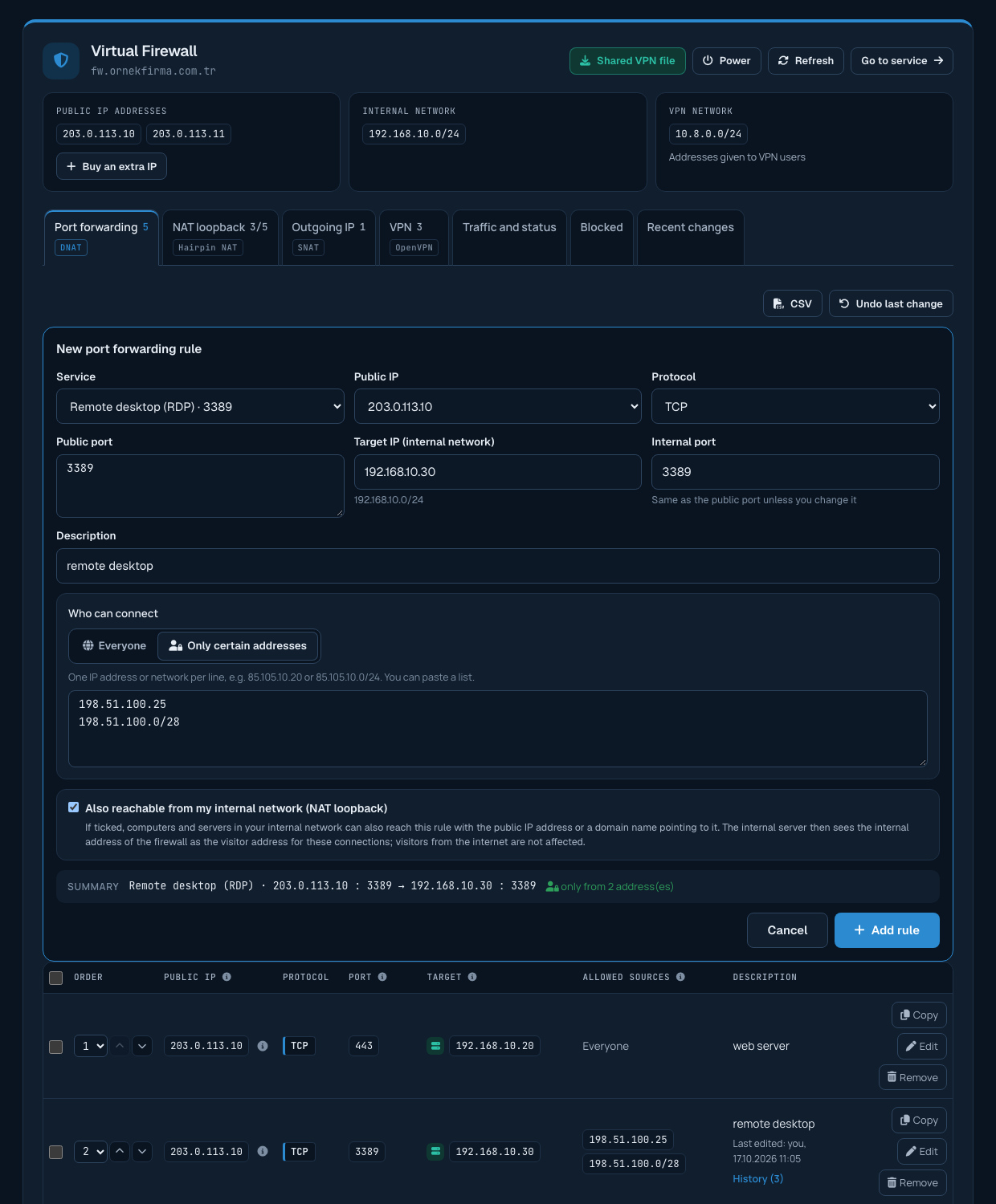 New port forwarding rule form