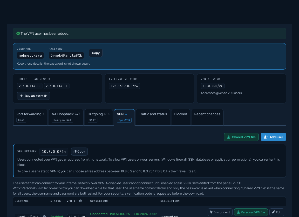Details shown after the user is added