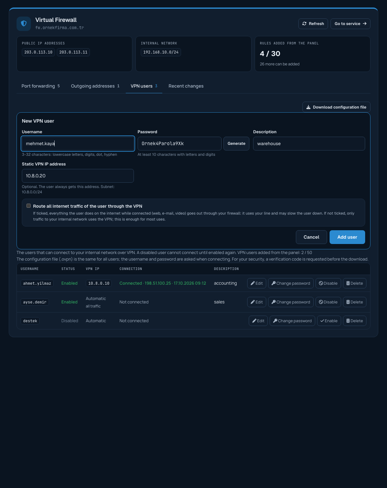 Add VPN user form