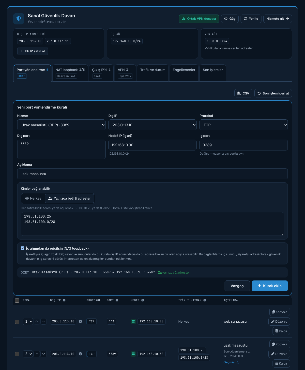 Yeni port yönlendirme kuralı formu
