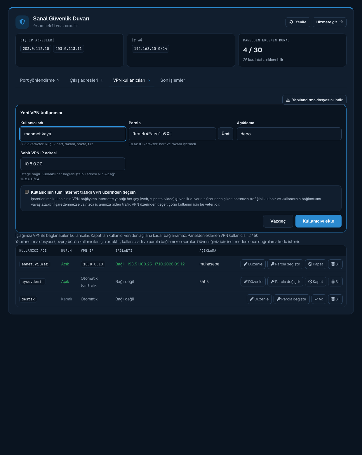 VPN kullanıcısı ekleme formu