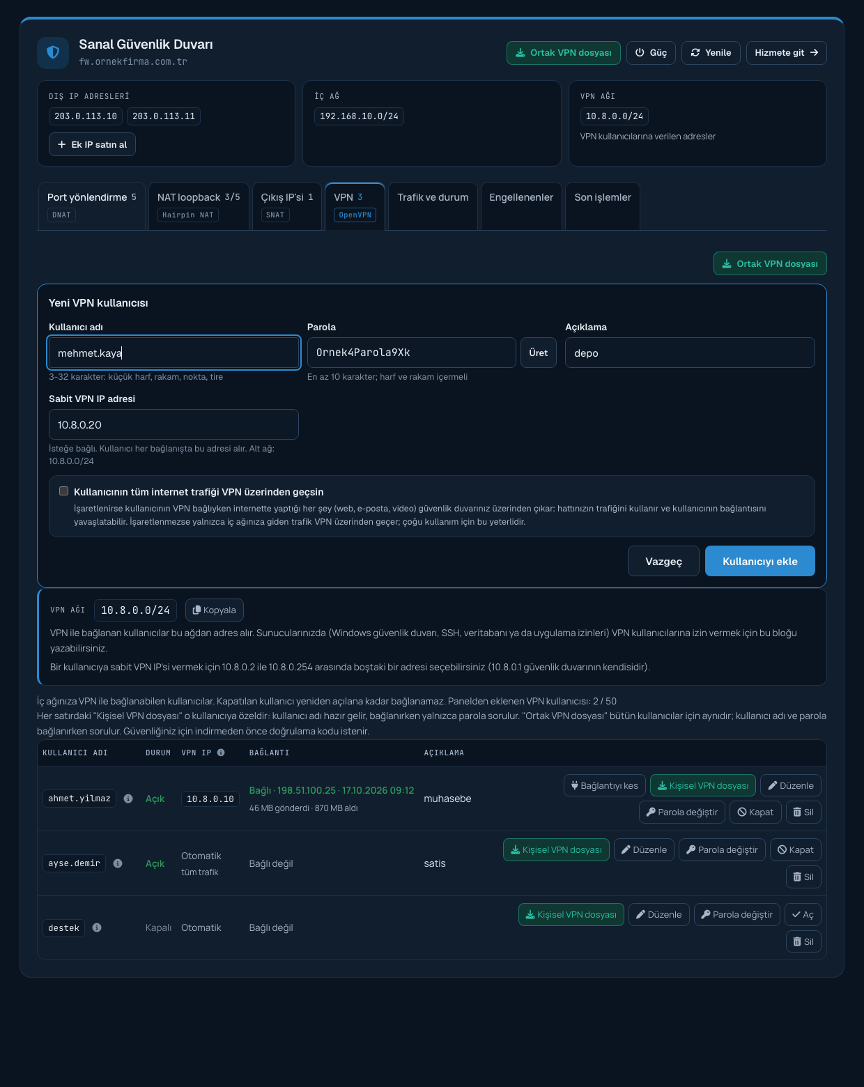 VPN kullanıcısı ekleme formu
