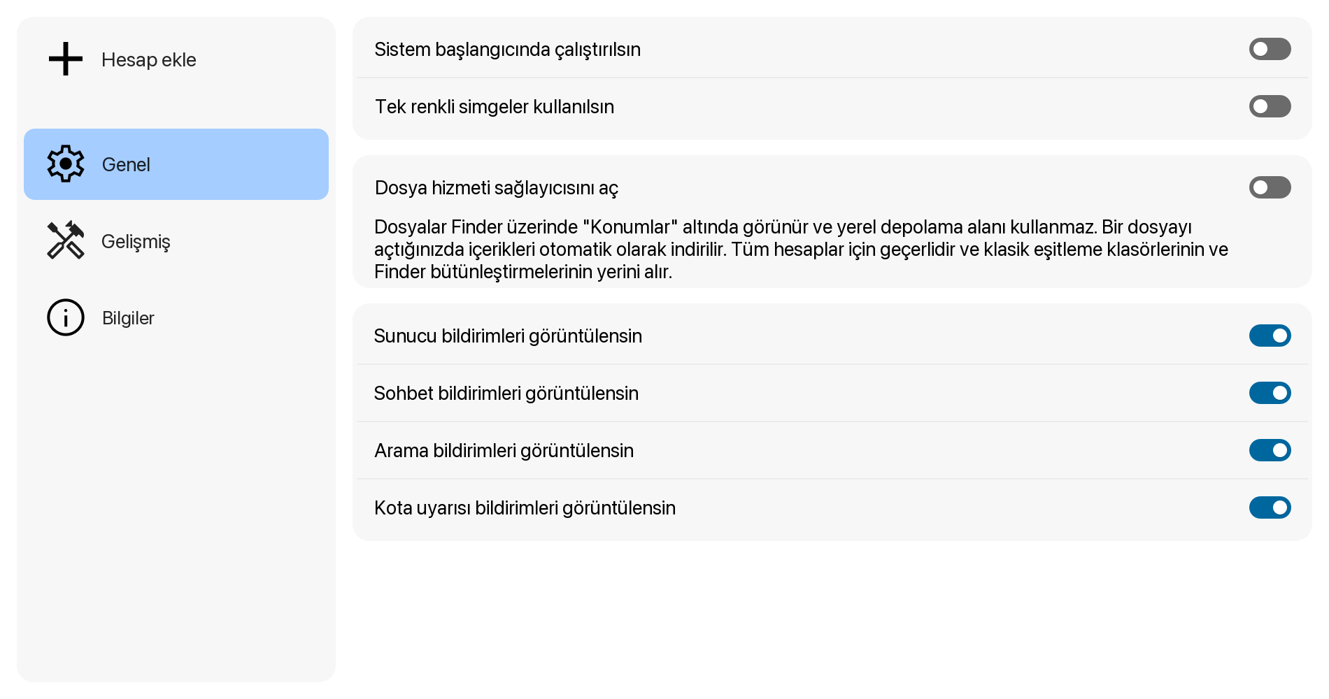 Nextcloud ayarları, Genel bölümü: Hesap ekle, Sistem başlangıcında çalıştırılsın, Dosya hizmeti sağlayıcısını aç
