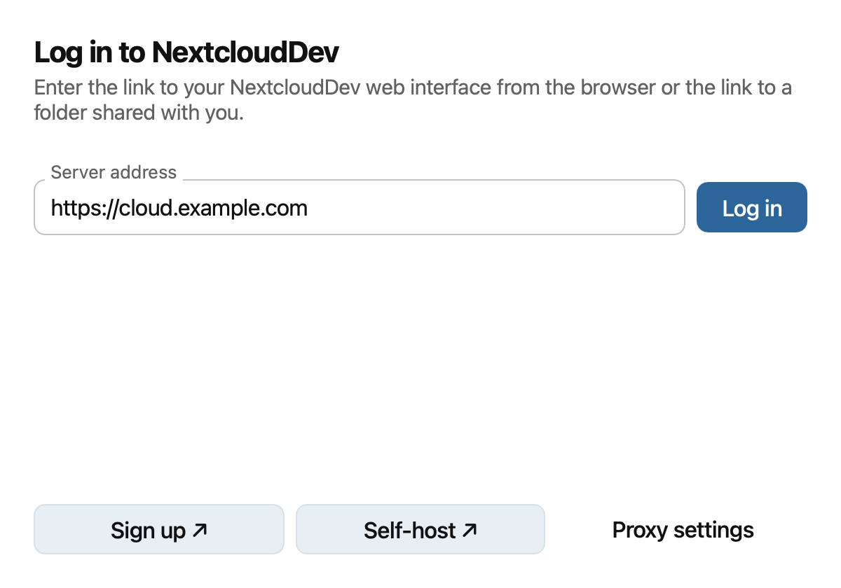 Nextcloud masaüstü uygulamasında sunucu adresi alanı ve giriş düğmesi