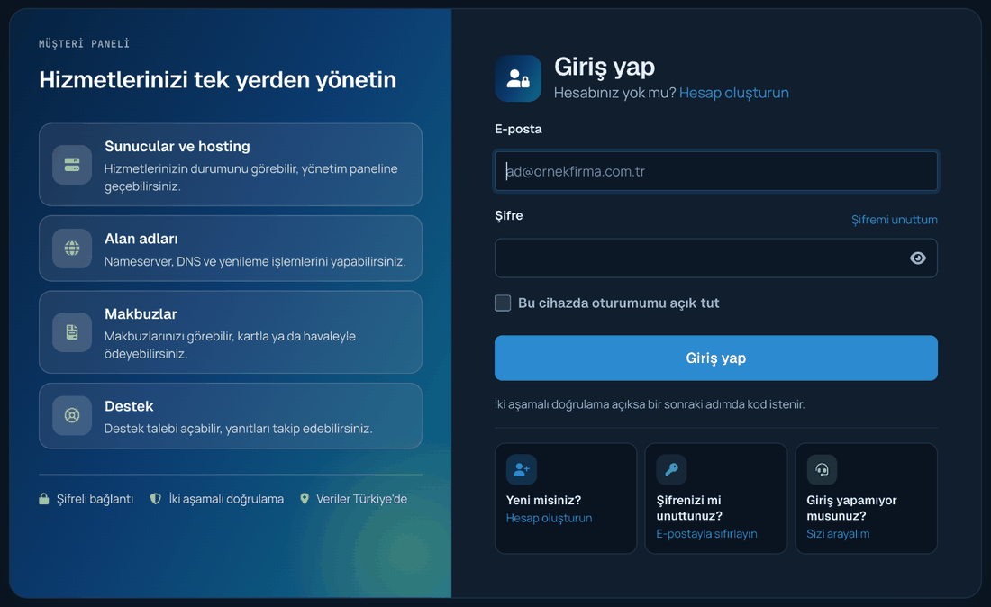 Müşteri paneli giriş sayfası