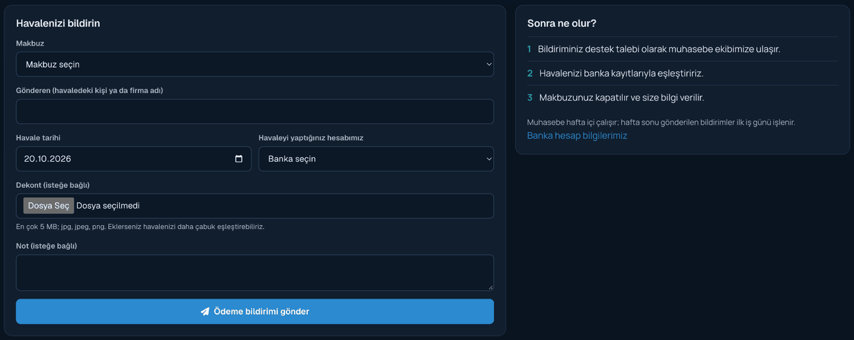 Havale / EFT ödeme bildirimi formu
