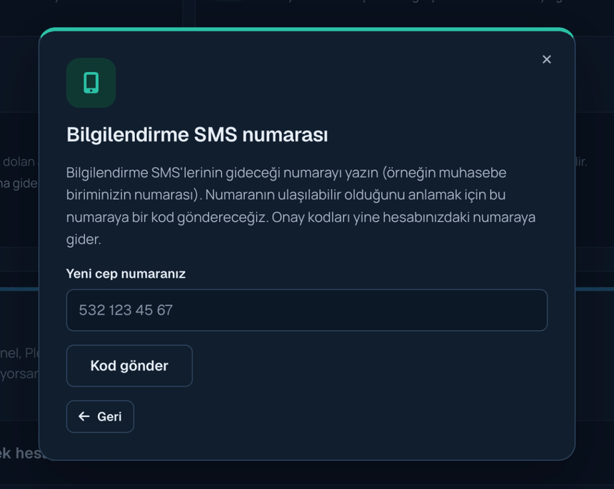 Bilgilendirme SMS numarası penceresi