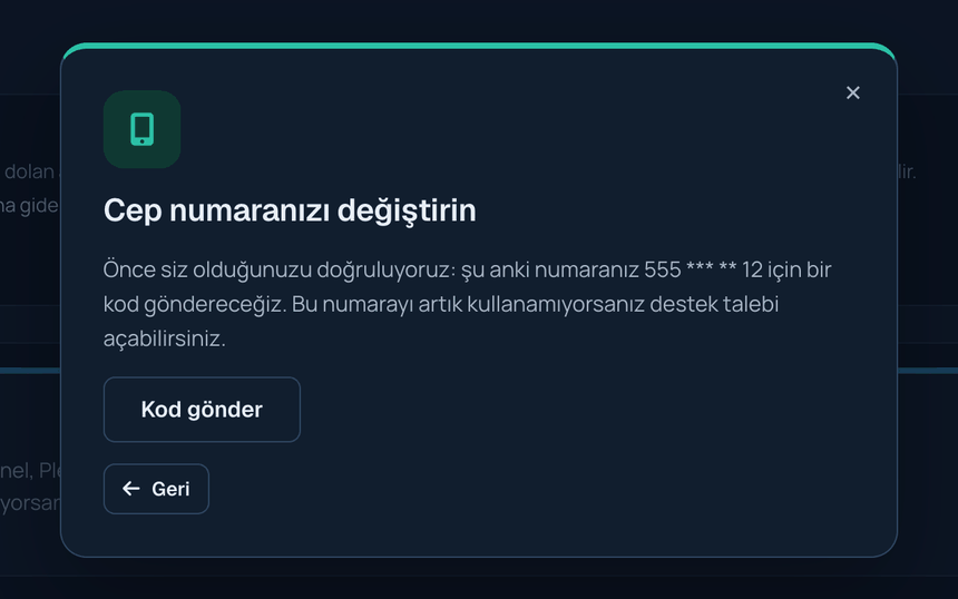 Cep numarasını değiştirme penceresi