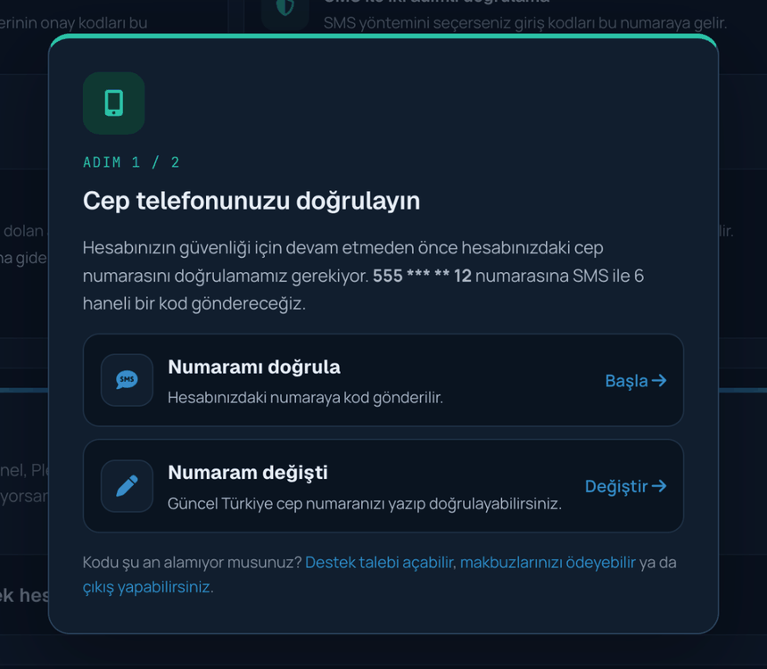 İlk girişte doğrulama, 1. adım: cep telefonu