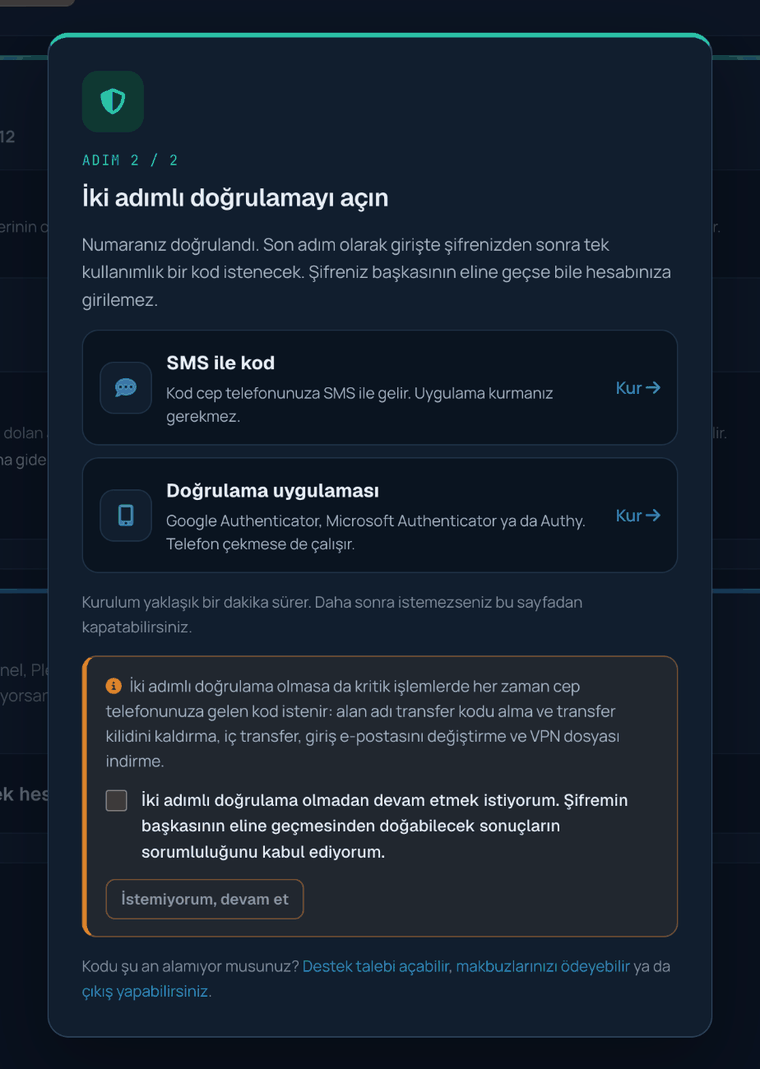 İlk girişte doğrulama, 2. adım: iki adımlı doğrulama